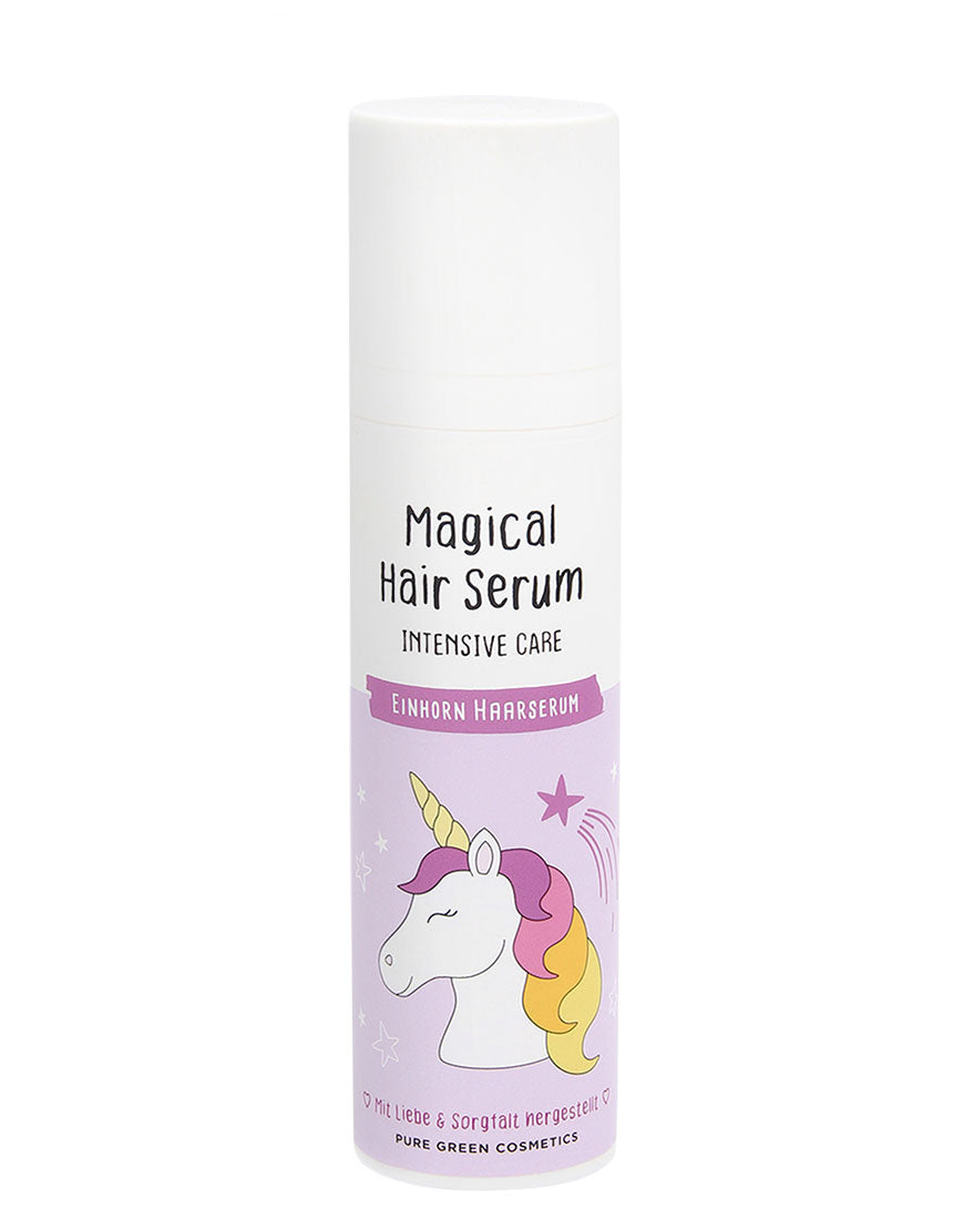 Haarserum mit BIO-Mandelöl & Heidelbeerextrakt in weiß-lila Flasche mit Einhorn-Design, für glänzendes & gepflegtes Haar, Bio & Vegan, Pure Green Cosmetics.