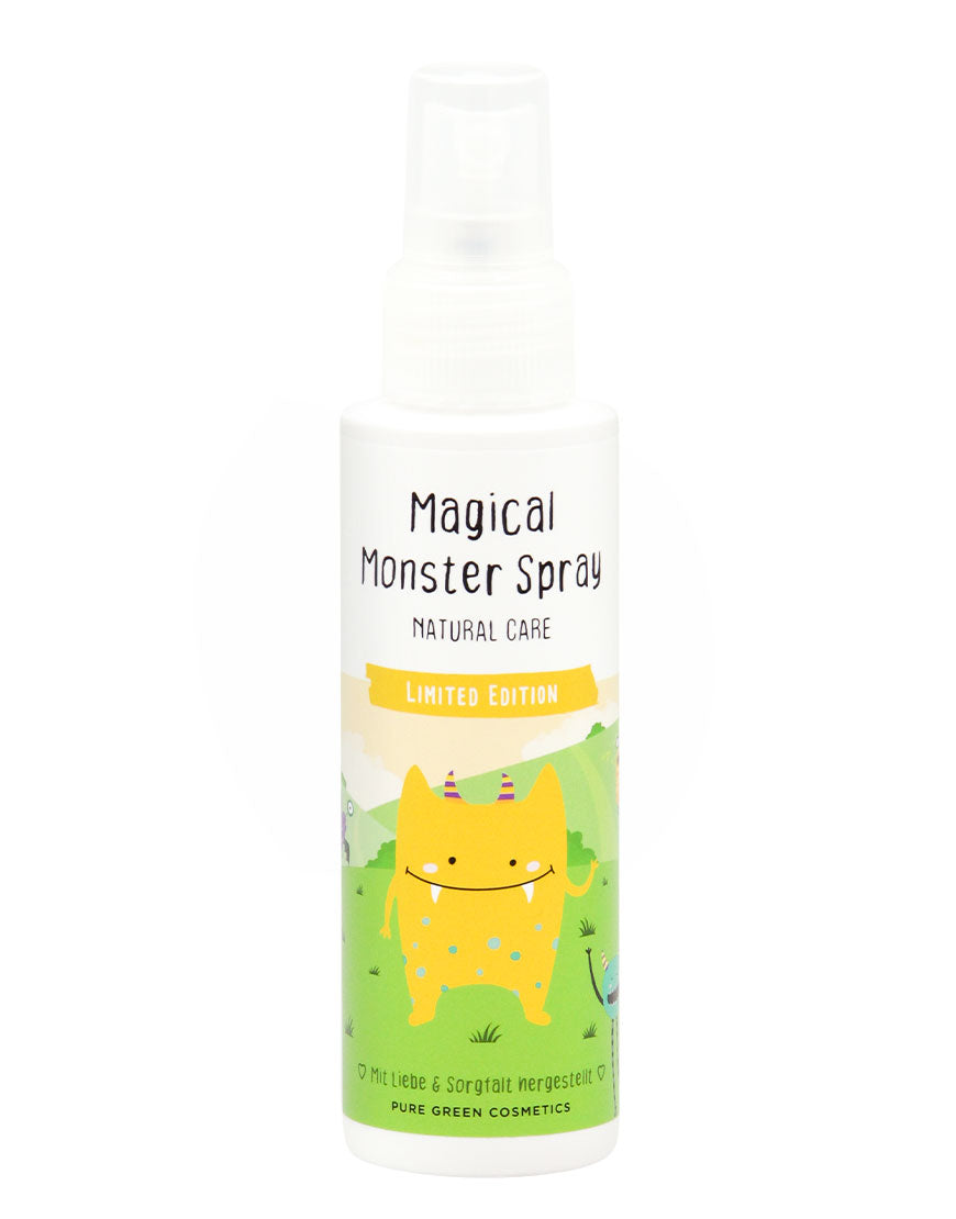 Sprayflasche Haut,- & Haar Duftspray mit Pflanzenextrakten mit gelbem Monster auf Etikett, verspricht angenehmen Duft und fröhliche Gedanken. Bio & vegan.