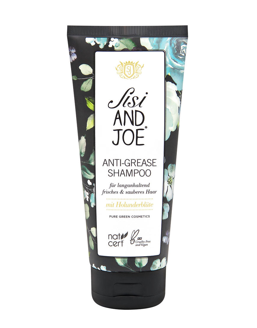 Sisi and Joe Anti-Fett-Shampoo-Tube mit floralem Design, enthält Apfelextrakt und Holunderblütenextrakt für gründliche Reinigung, langanhaltende Frische, bio, vegan, cruelty-free.