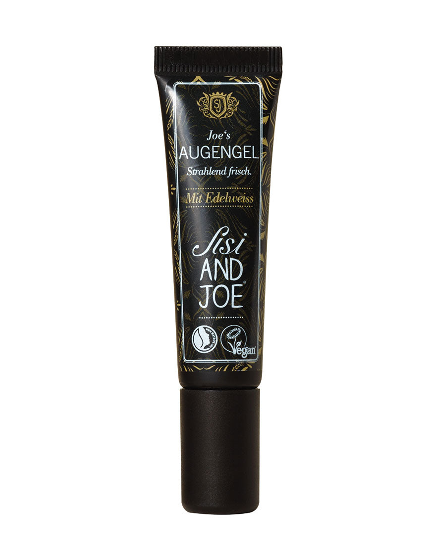 Kleines, schwarzes und goldverziertes Augengel von Sisi & Joe, enthält Edelweiß, vegan, reduziert Augenringe, für frische, glatte Haut; Anti-Aging, cruelty-free, aus Österreich.