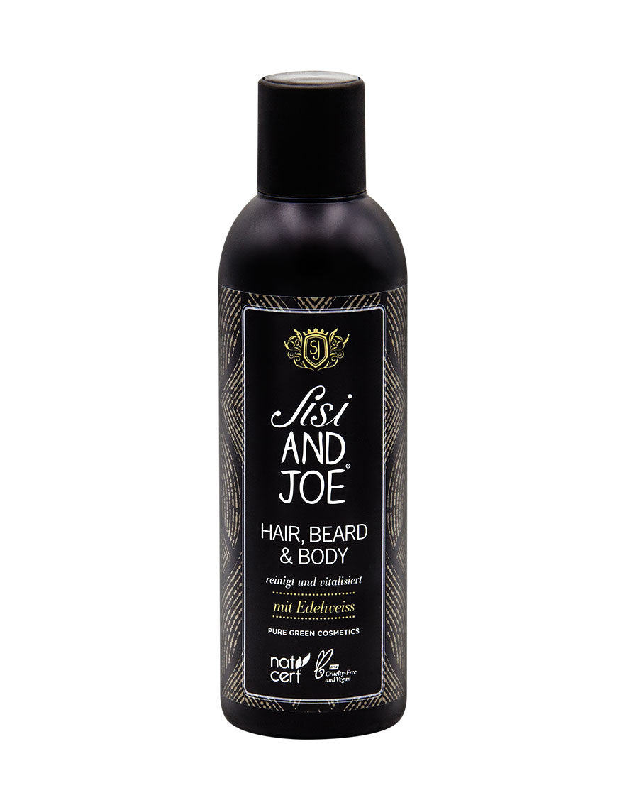 Matte-schwarze Flasche „Sisi AND JOE“: 3-in-1 Hair- & Bodywash mit Apfel- und Brennnessel-Extrakt, für sanfte Reinigung und belebende Frische. Bio, vegan, tierversuchsfrei.