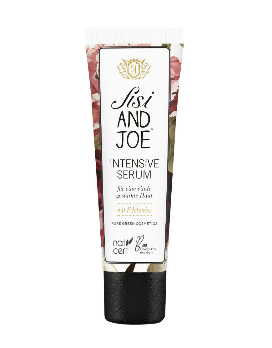 Edelweiß-Intensiv-Serum von sisi AND JOE, dekorative Tube mit Text für vitale, gestärkte Haut, zertifiziert naturnah, vegan und tierversuchsfrei, mit Hyaluronsäure und Q10.