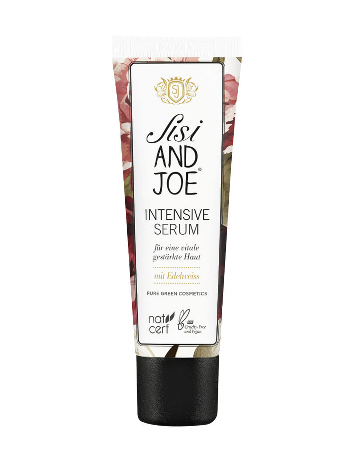 Edelweiß-Intensiv-Serum von sisi AND JOE, dekorative Tube mit Text für vitale, gestärkte Haut, zertifiziert naturnah, vegan und tierversuchsfrei, mit Hyaluronsäure und Q10.