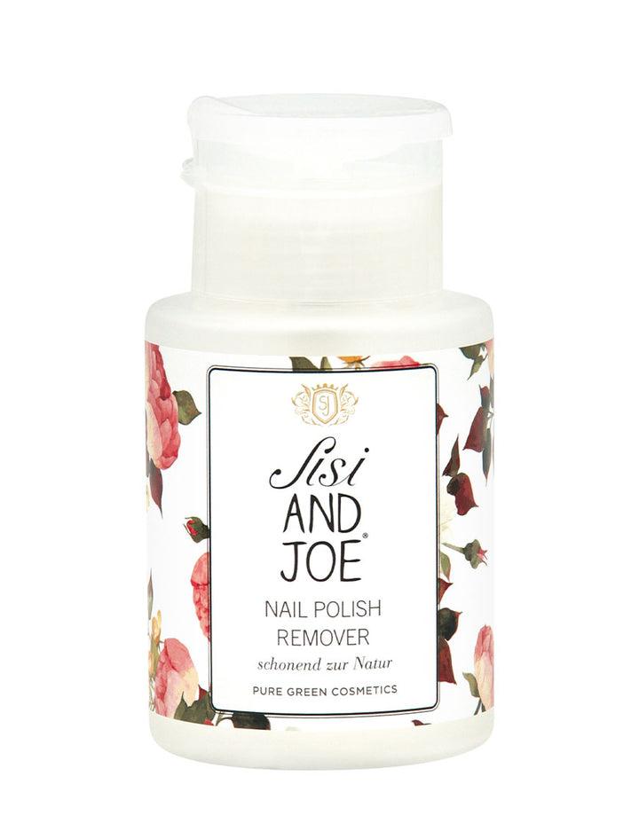 Nagellackentferner mit Orangenöl & Zitronenöl von Sisi AND JOE, in einer weißen Flasche mit Blumenmotiv, schonend und vegan, ohne Aceton.