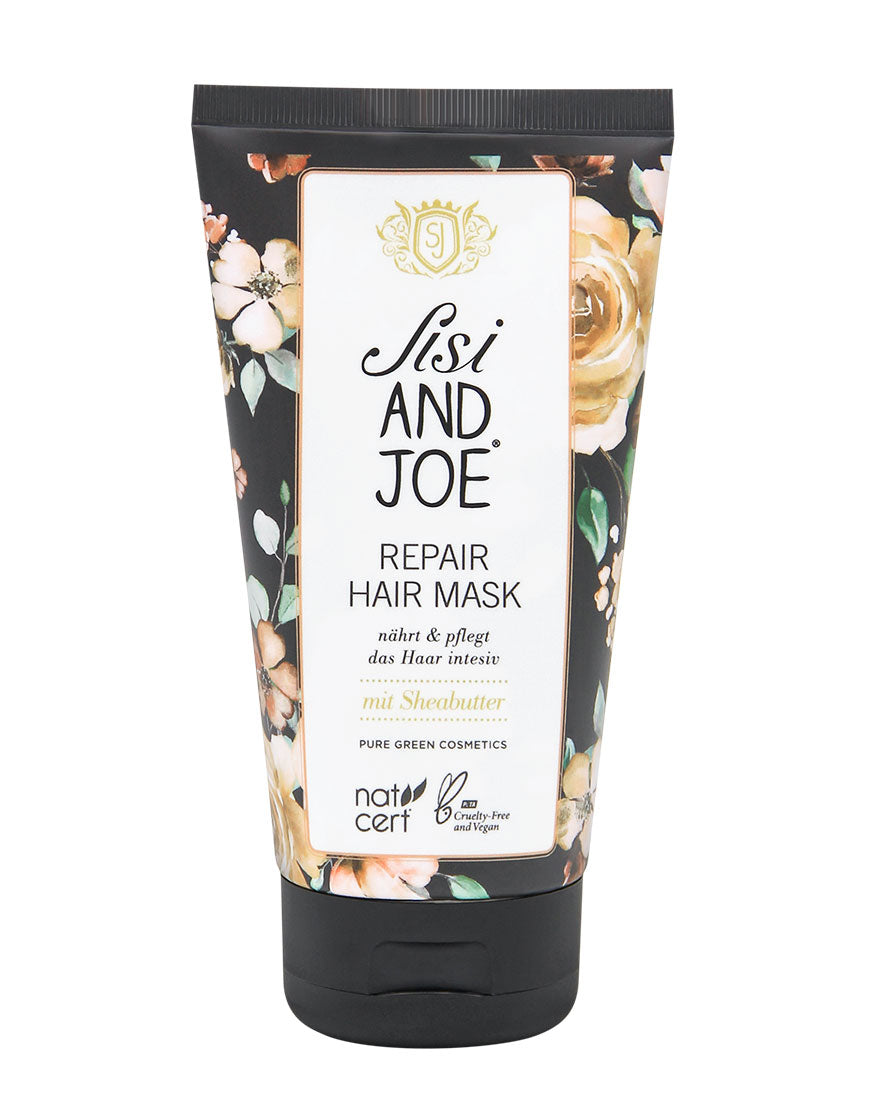 Sisi AND JOE Repair Haarmaske mit Sheabutter und Pfirsichextrakt, auf floralem Tube, bio-zertifiziert, vegan, intensiv feuchtigkeitsspendend für glänzendes und gesundes Haar.