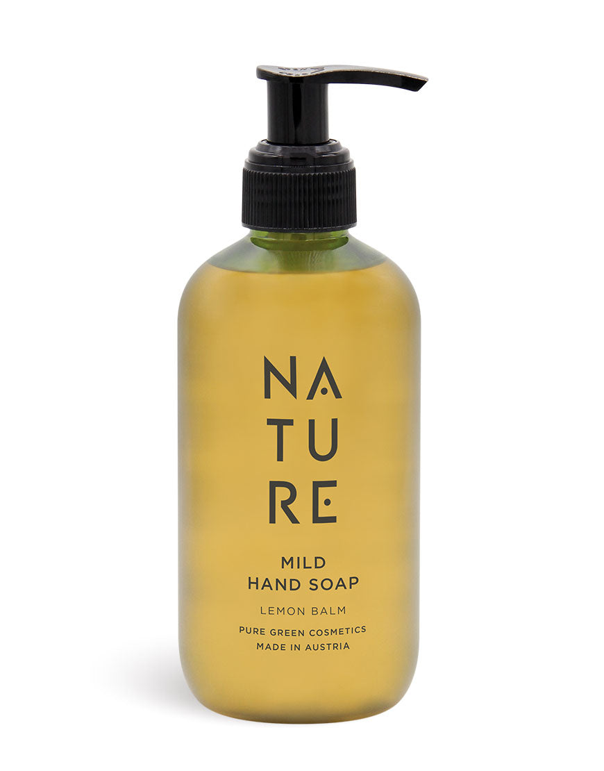 NATURE Handseife mit Sonnenblumenöl & Lindenblütenextrakt in gelber Pumpspenderflasche, bietet sanfte Reinigung und ein erfrischendes Hautgefühl. Bio, vegan, dermatologisch bestätigt.