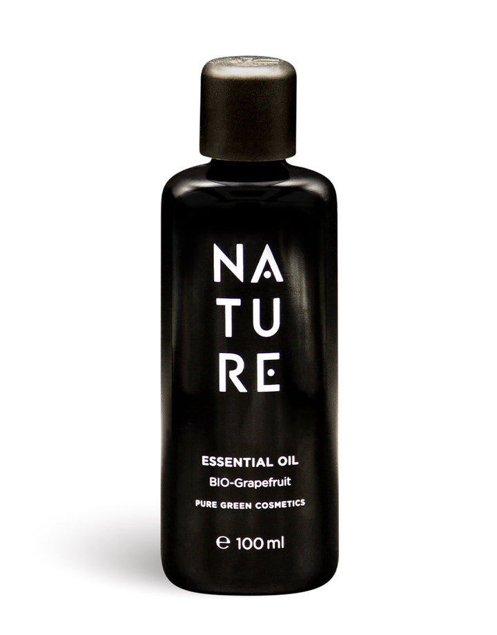 Schwarze 100 ml Flasche Grapefruit-Öl, reines ätherisches Öl mit spritzigen Zitrusnoten, ideal für stimmungsaufhellende Aromatherapie. Bio, vegan, aus Österreich.