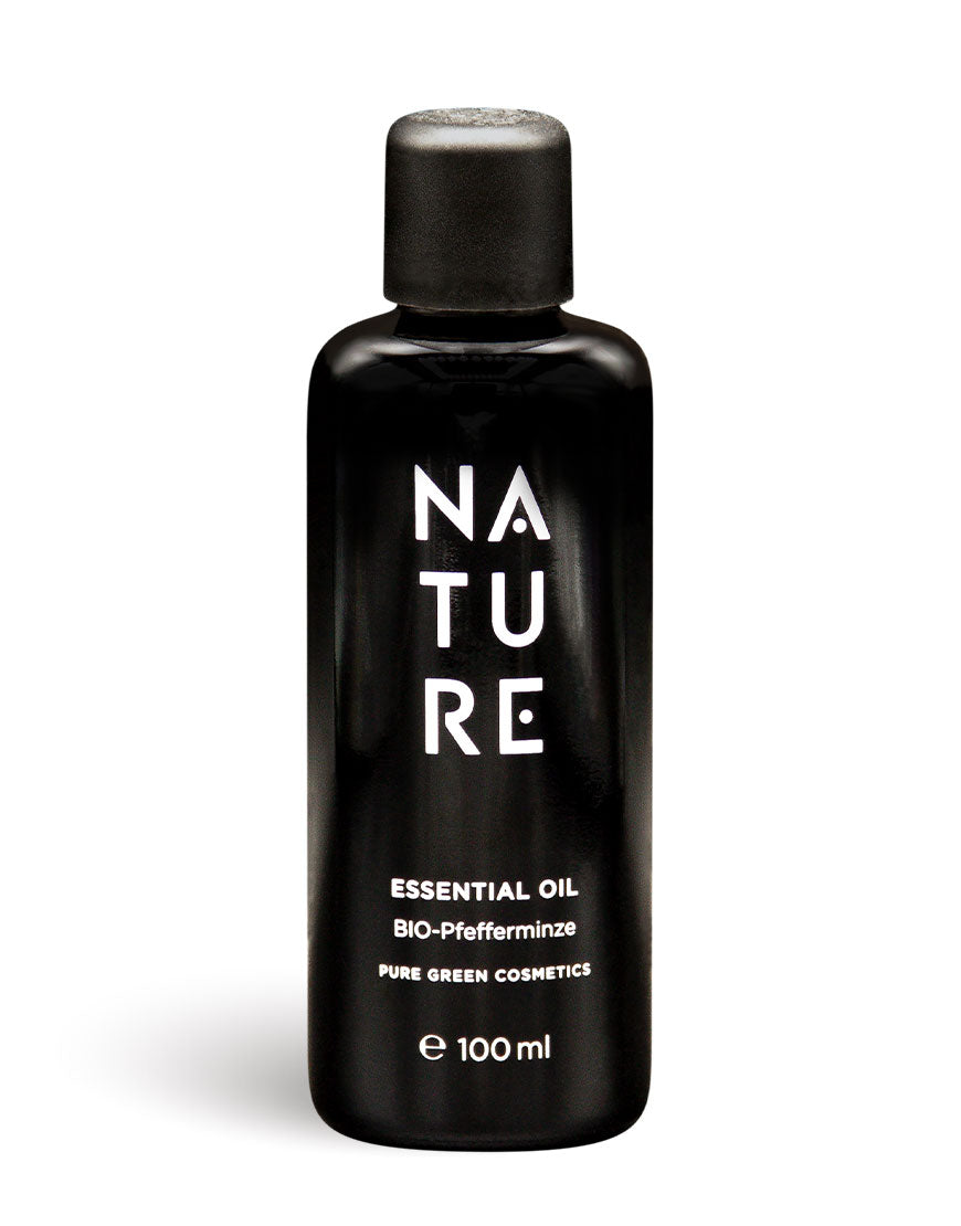 Matte-schwarze 100 ml Flasche NATURE Bio-Pfefferminz-Öl, 100% reines ätherisches Öl, fördert Konzentration und Erfrischung, biologisch und vegan, hergestellt in Österreich.