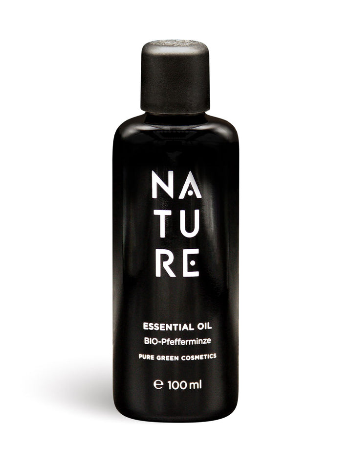 Matte-schwarze 100 ml Flasche NATURE Bio-Pfefferminz-Öl, 100% reines ätherisches Öl, fördert Konzentration und Erfrischung, biologisch und vegan, hergestellt in Österreich.