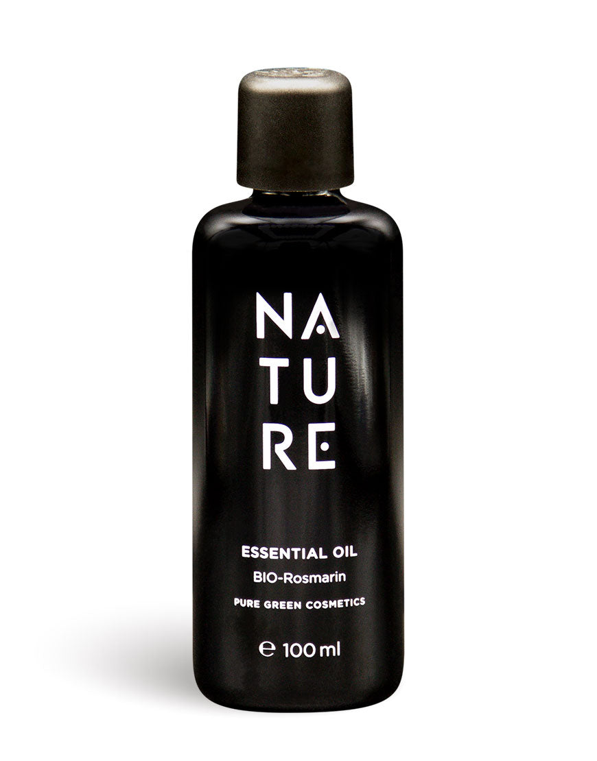 100 ml schwarze Flasche Rosmarin-Öl mit reinem Rosmarinöl und aromatischen Kräuternoten, ideal für stärkende, belebende Aromatherapie. Bio & Vegan, Pure Green Cosmetics.
