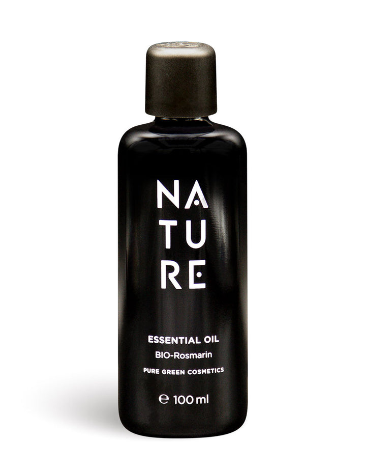 100 ml schwarze Flasche Rosmarin-Öl mit reinem Rosmarinöl und aromatischen Kräuternoten, ideal für stärkende, belebende Aromatherapie. Bio & Vegan, Pure Green Cosmetics.