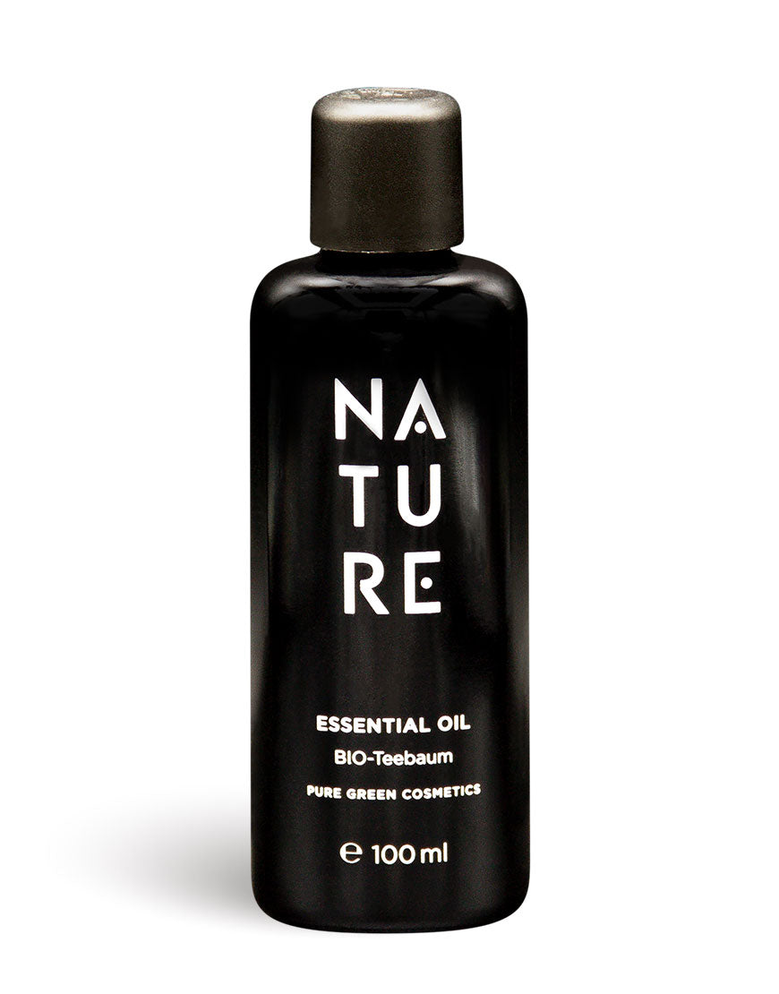 NATURE Teebaum-Öl, 100 ml Flasche, BIO-Teebaum, PURE GREEN COSMETICS. Beruhigende, hautreinigende Aromatherapie, bio und vegan, aus kontrolliert biologischem Anbau, hergestellt in Österreich.