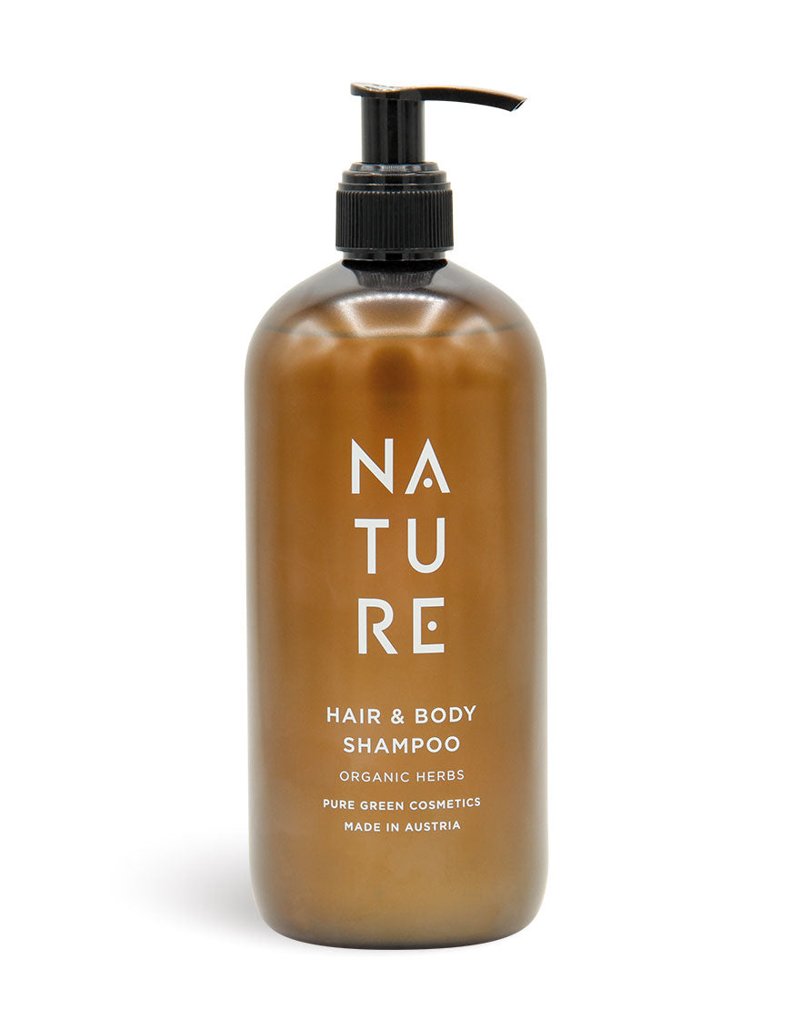 Hohes Pumpflasche „NATURE“: Hair-&-Body-Shampoo mit Apfelsaft & pflanzlichem Glycerin für sanfte Reinigung & seidige Haare. Bio & vegan, hergestellt in Österreich.